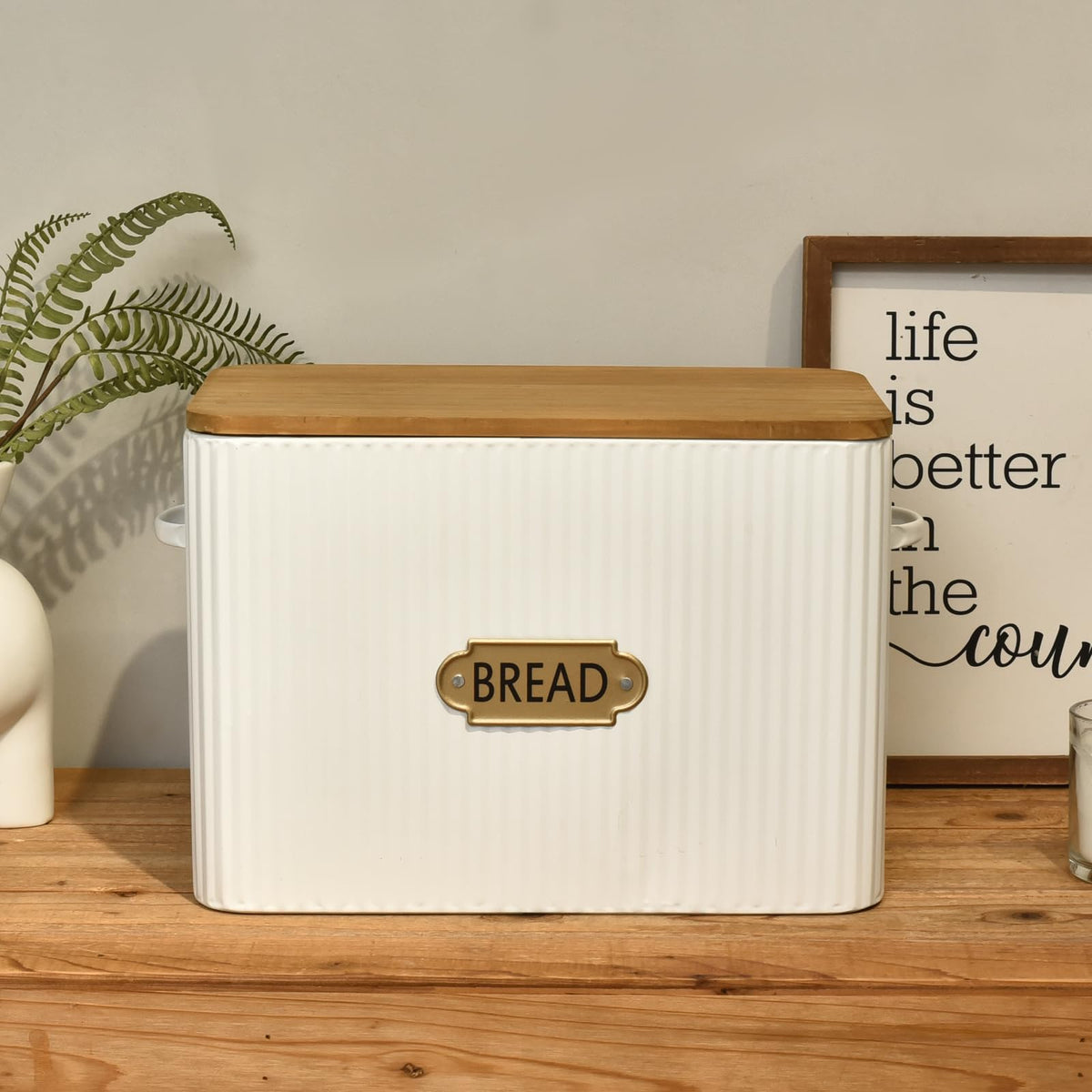Extra Large White Vertical Stripes Bread Box with Wood Lid F388