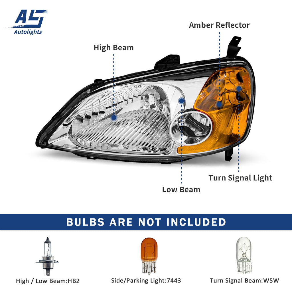 Headlight Assembly with Chrome Housing Amber Reflector Driver and Passenger Side J6580