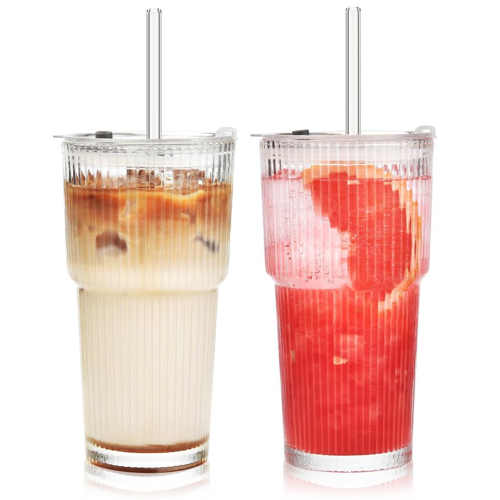 20 oz Ribbed Glass Tumbler with Lids and Straws, Pack of 2 R150100