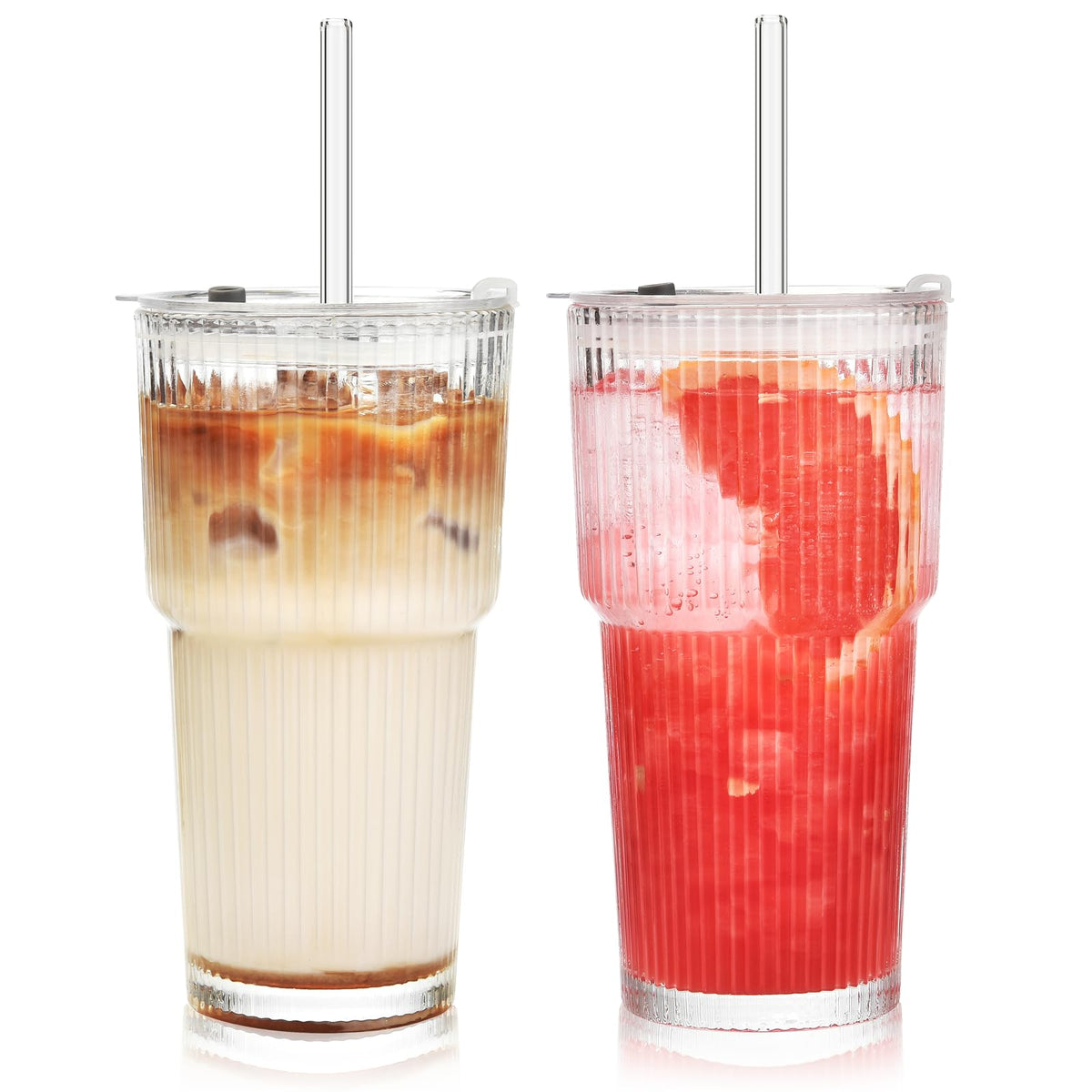20 oz Ribbed Glass Tumbler with Lids and Straws, Pack of 2 R150100