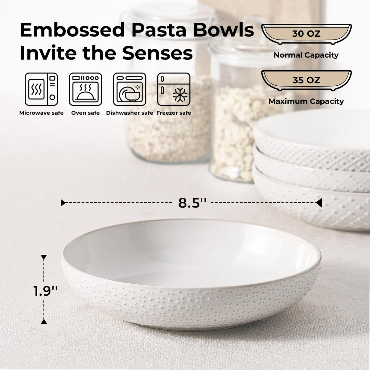 8.5" Ceramic Pasta Bowls Set of 4, 30 oz Soft White O35976