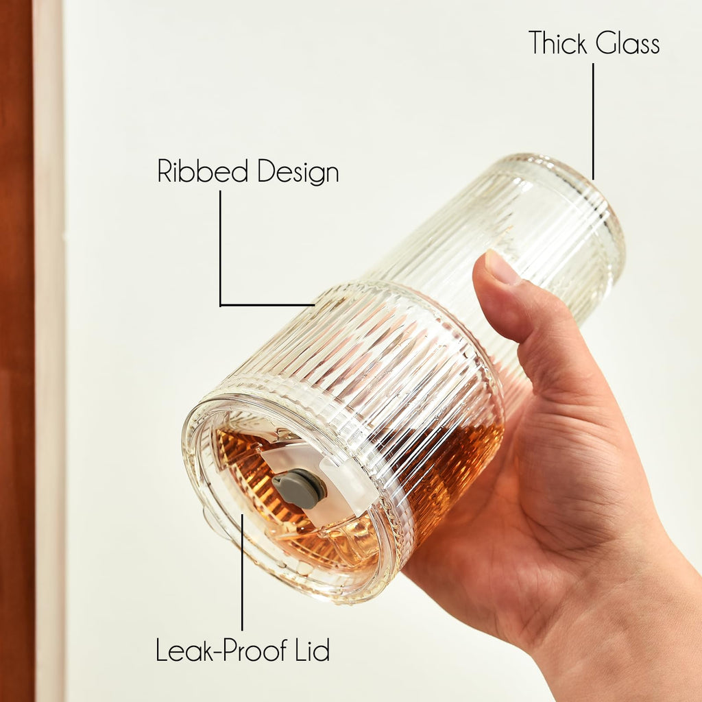20 oz Ribbed Glass Tumbler with Lids and Straws, Pack of 2 R150100