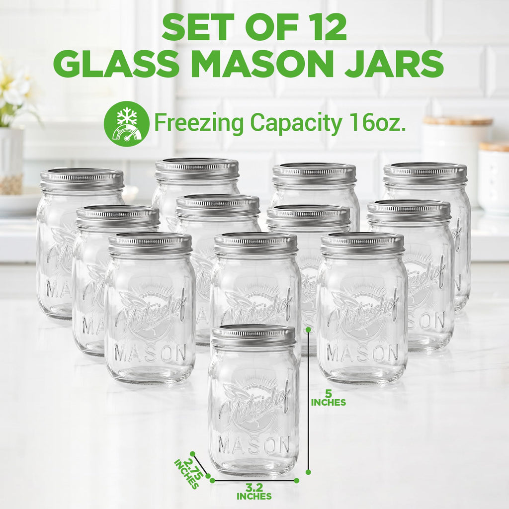 16 oz. Wide Mouth Glass Food Storage Containers with Lids, 12 Pcs W9787