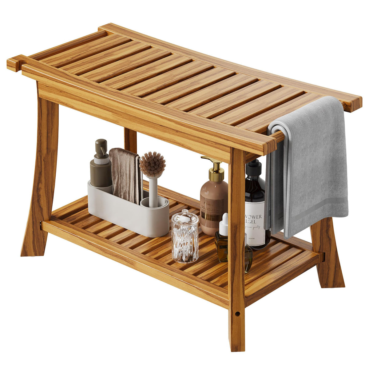 24" Teak Shower Bench with Handles & Towel Shelf E310376