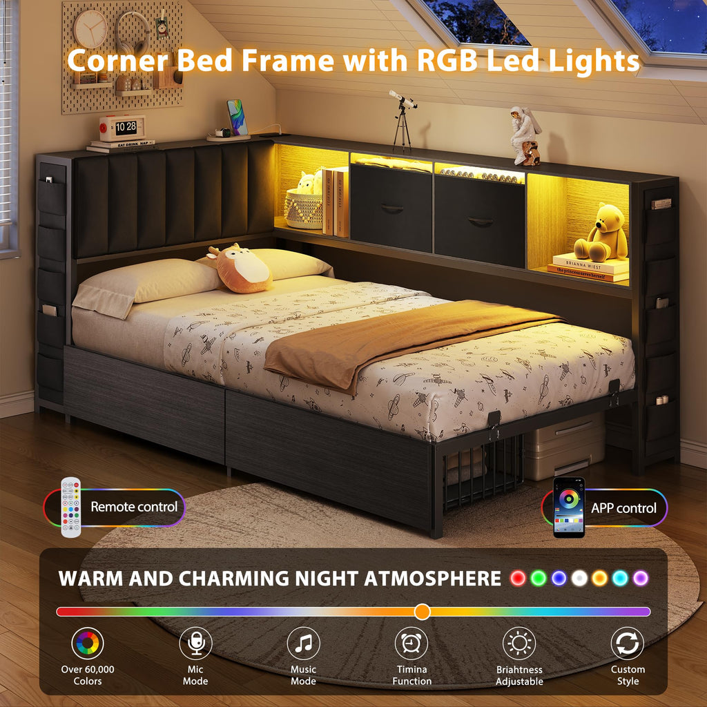 Twin Corner Bed Frame with Upholstered Storage Headboard and Drawers, LED Light and Charging Station, Black Q732