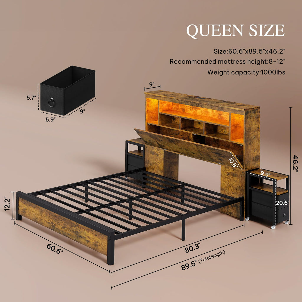Queen Size Bed Frame with Storage Bookcase Headboard N11876
