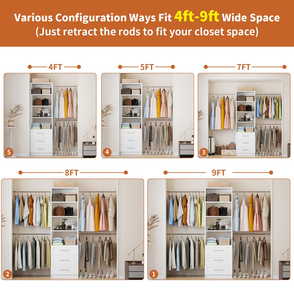 White Closet System with Drawers and Adjustable Shelves W870499