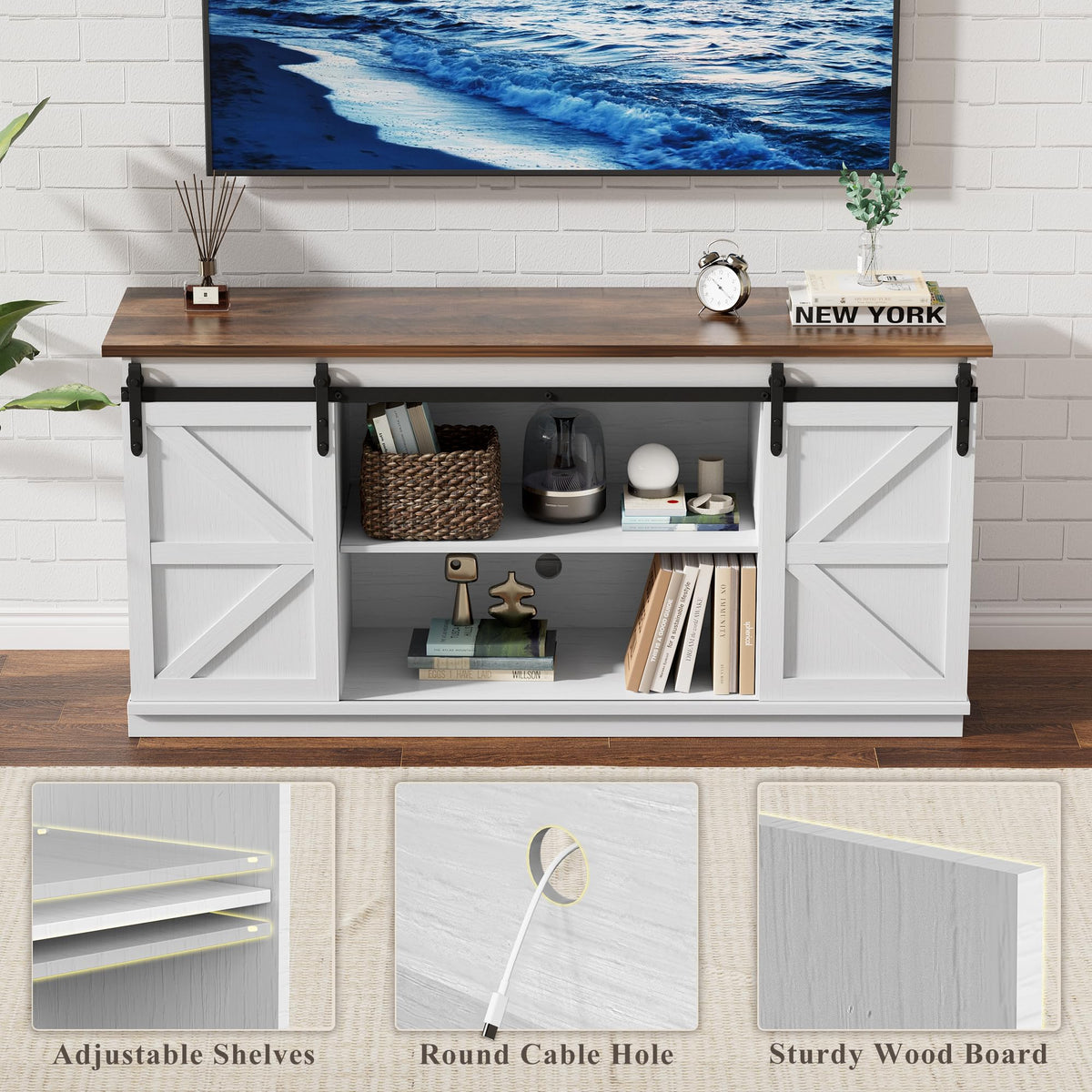White Farmhouse TV Stand with Sliding Barn Doors N955382