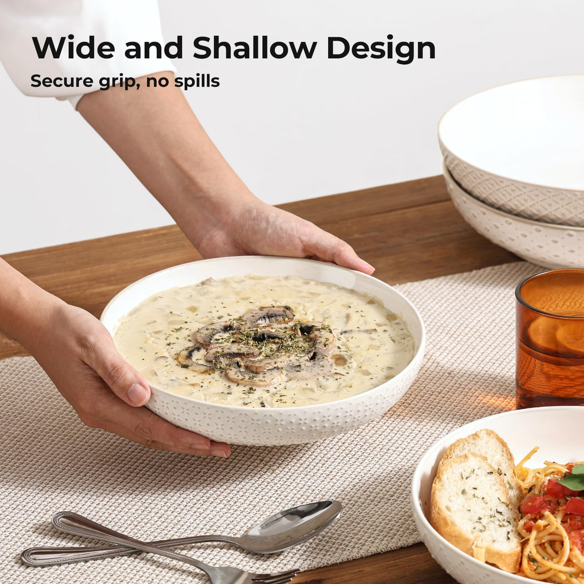 8.5" Ceramic Pasta Bowls Set of 4, 30 oz Soft White O35976