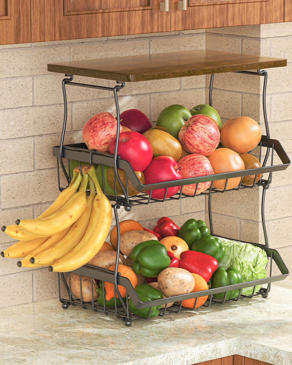 3 Tier Countertop Fruit Basket Bread Bowl with 2 Banana Hangers Q3670