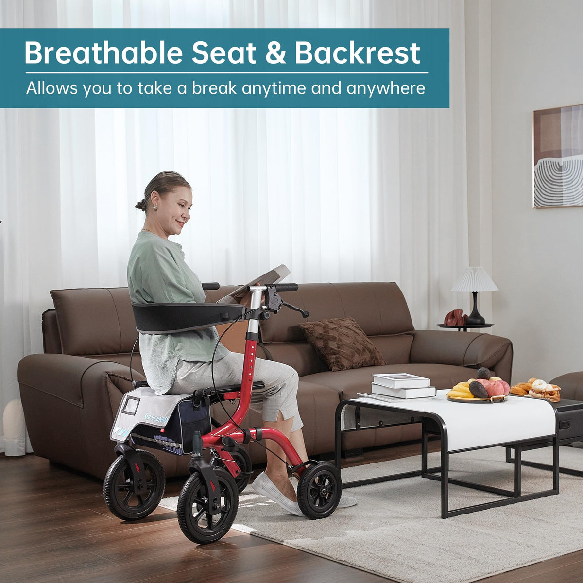 All-Terrain Rollator Walker with Seat, 12” Non-Pneumatic Tire Front Wheels, Compact Folding, Red U771