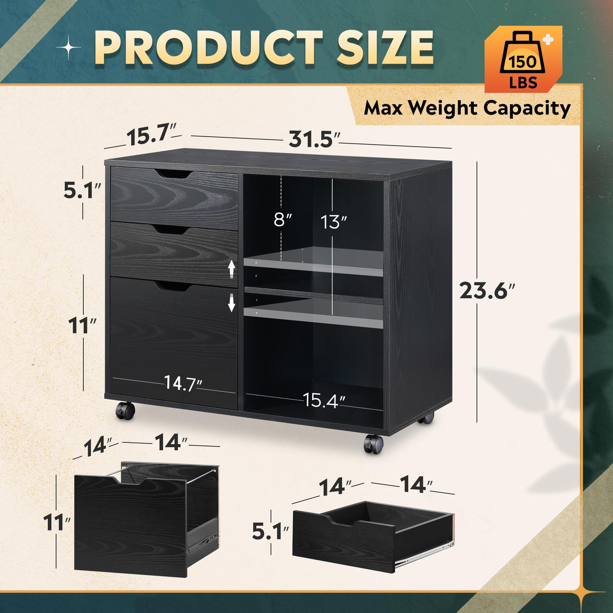 Black 3-Drawer Wood File Cabinet G854