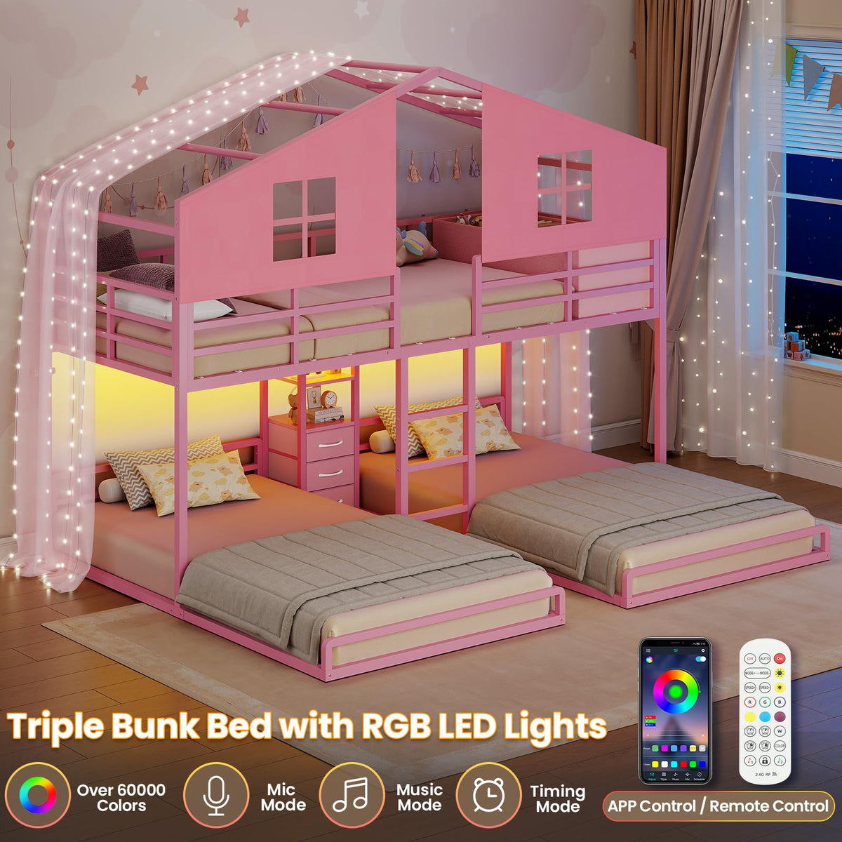 Triple Bunk Bed Twin Over Twin with Storage V36851