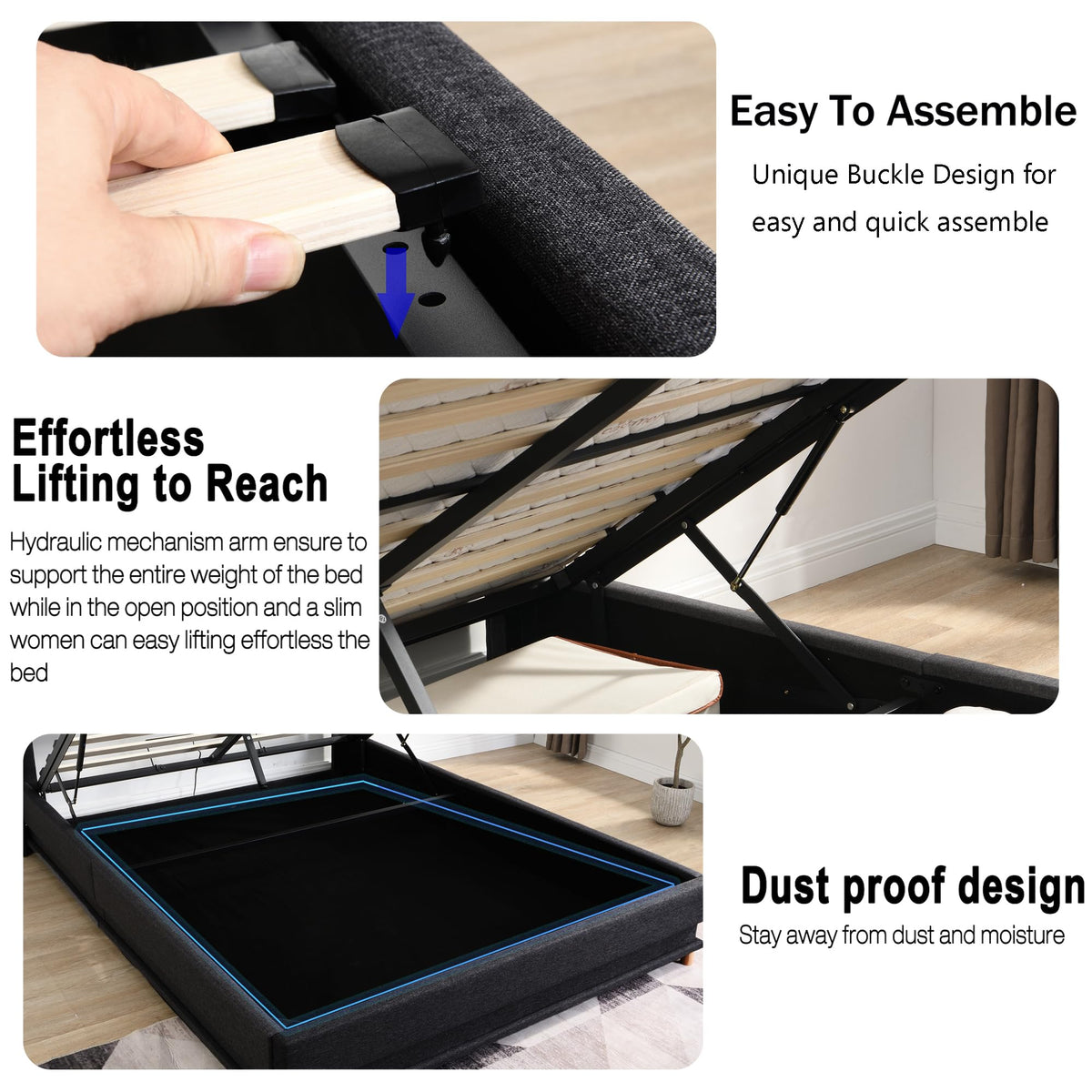 Queen Size Black Upholstered Lift Up Storage Bed Frame P416