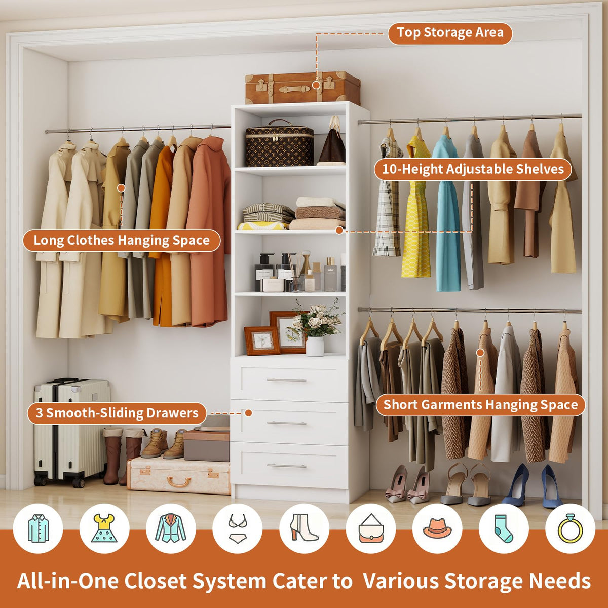 White Closet System with Drawers and Adjustable Shelves W870499