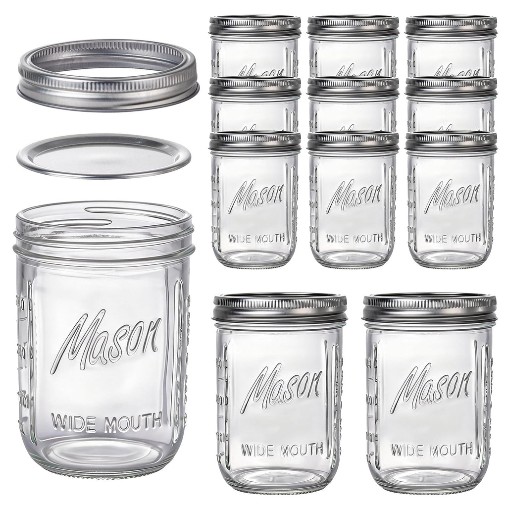 12 Pack 16 oz Wide Mouth Glass Mason Jars with Lids C86876