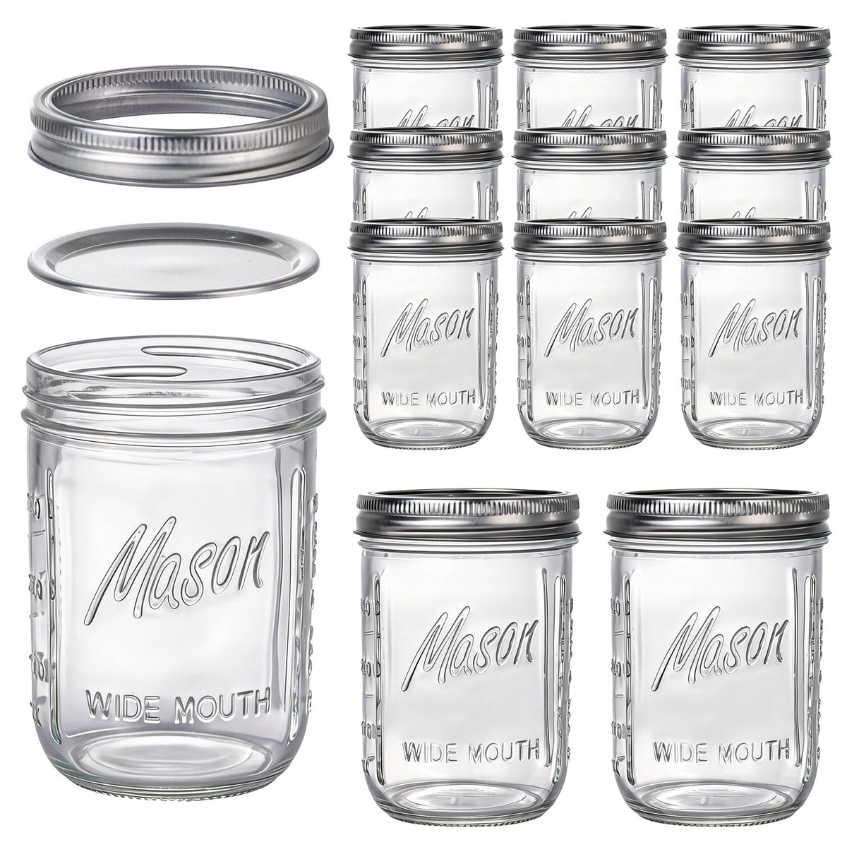 12 Pack 16 oz Wide Mouth Glass Mason Jars with Lids C86876