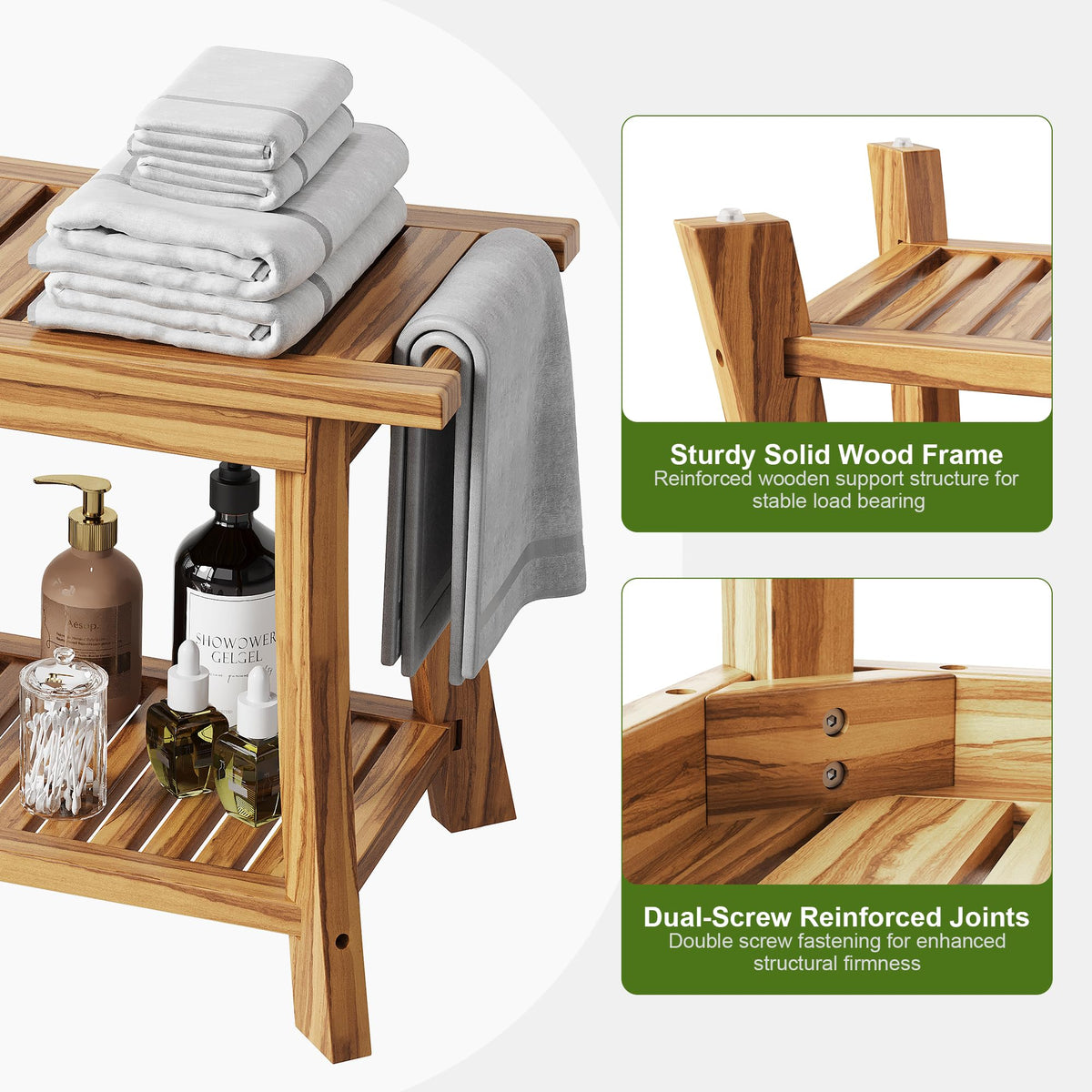 24" Teak Shower Bench with Handles & Towel Shelf E310376