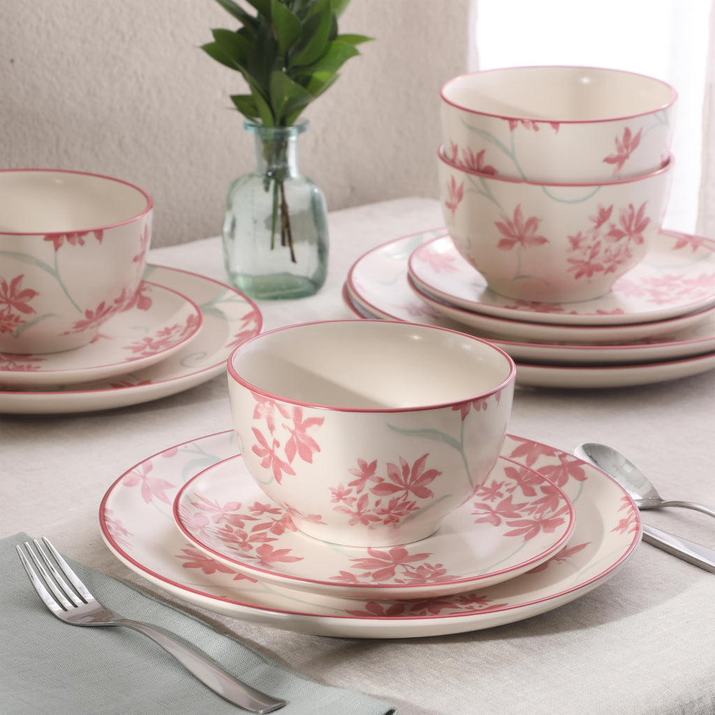 12-Piece Matte Stoneware Dinnerware Set with Pink Floral Pattern H631573
