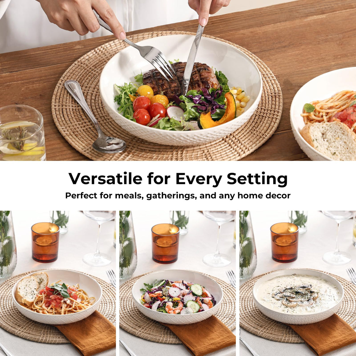 8.5" Ceramic Pasta Bowls Set of 4, 30 oz Soft White O35976