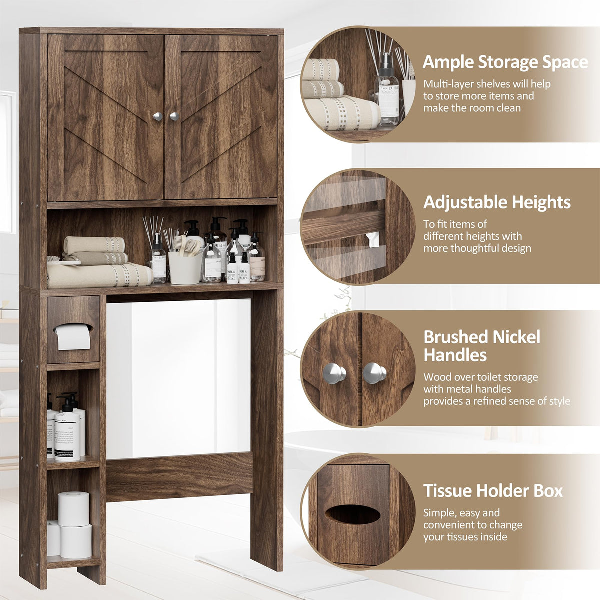 Walnut Over Toilet Storage Cabinet with Adjustable Shelf V355742