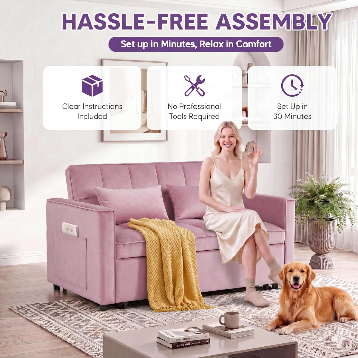 Pink Velvet Convertible Sleeper Sofa Bed G140
