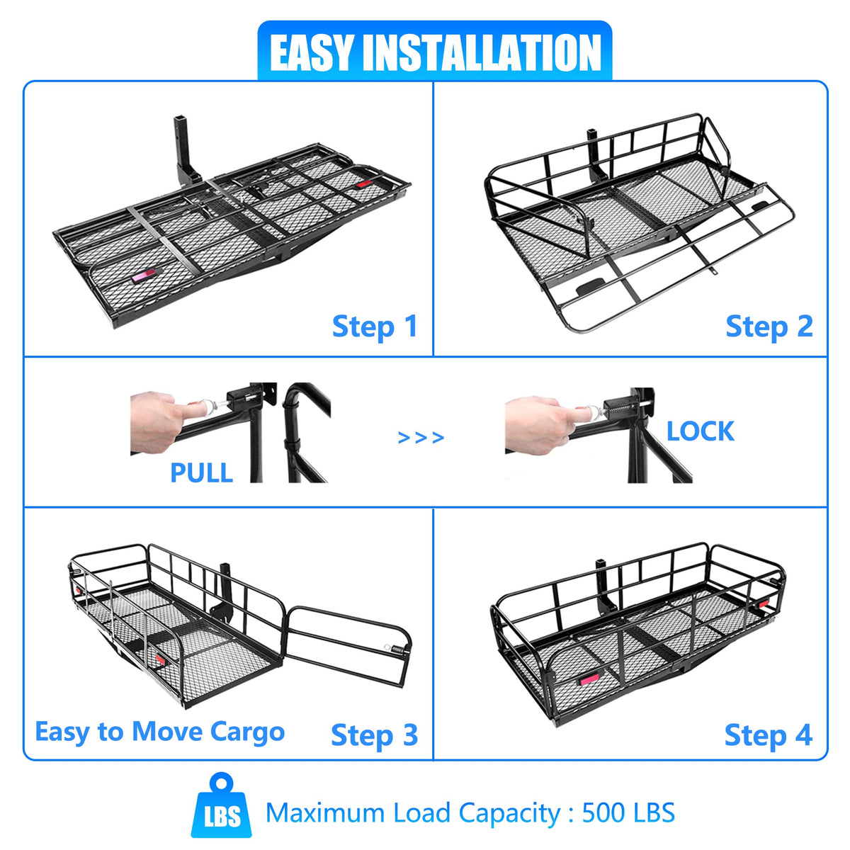 500 Lbs Heavy Duty Hitch Mount Cargo Carrier 60"x24"x14.4" Folding F4883