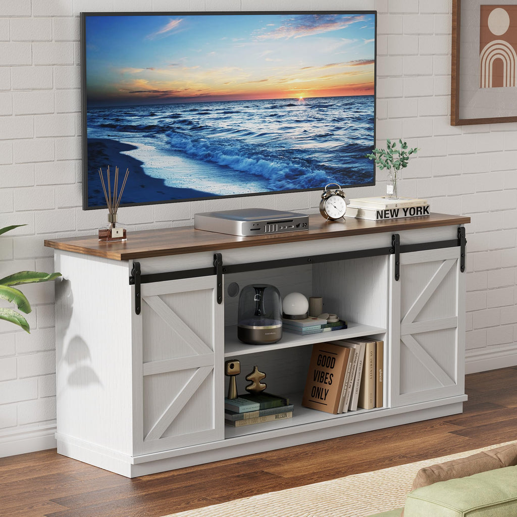 White Farmhouse TV Stand with Sliding Barn Doors N955382