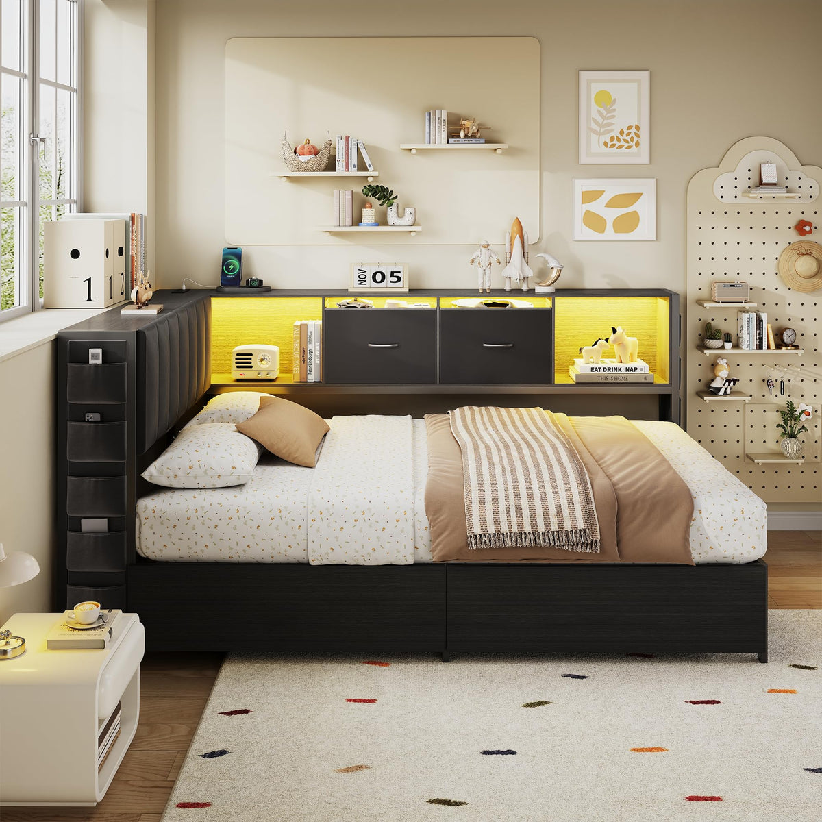 Twin Corner Bed Frame with Upholstered Storage Headboard and Drawers, LED Light and Charging Station, Black Q732