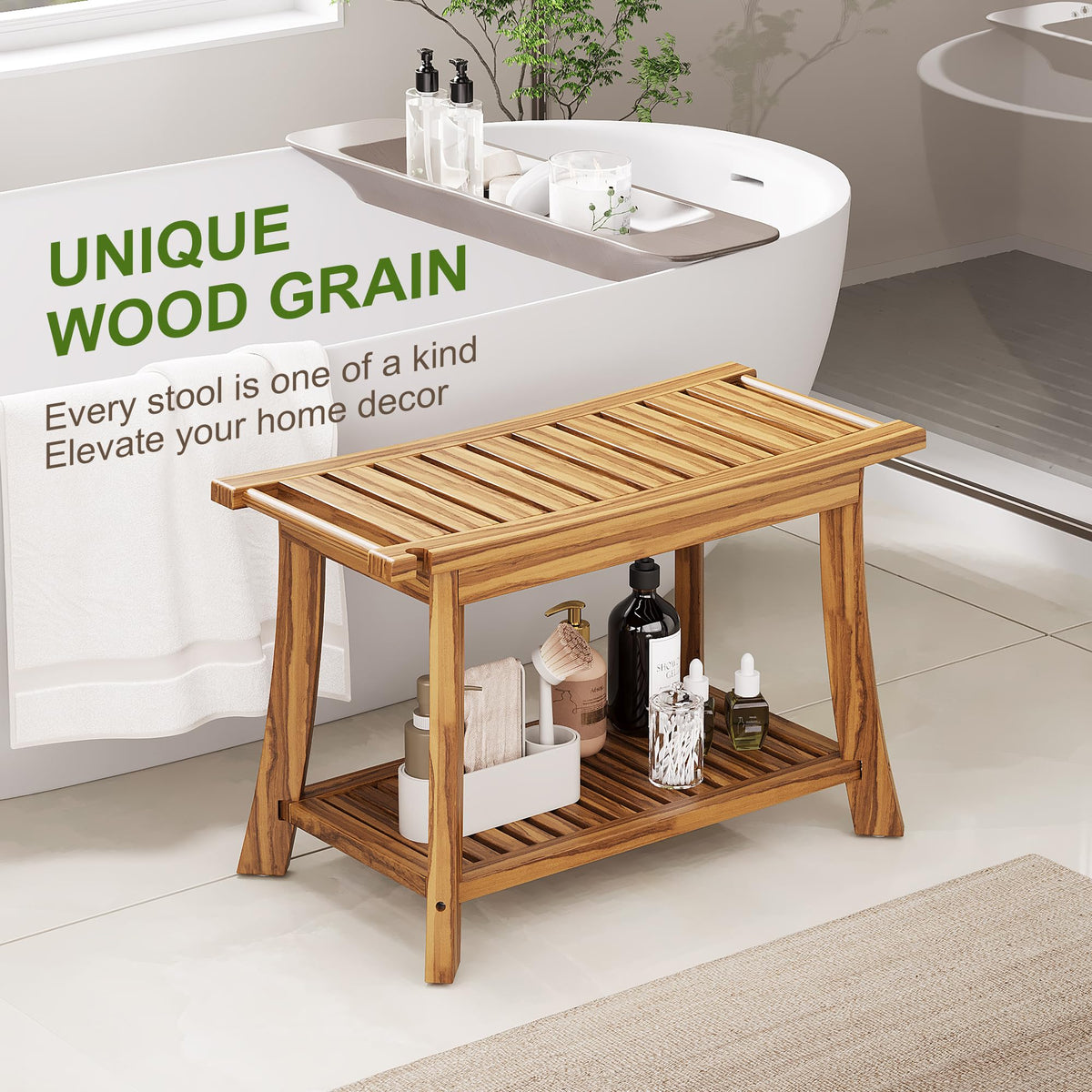 24" Teak Shower Bench with Handles & Towel Shelf E310376