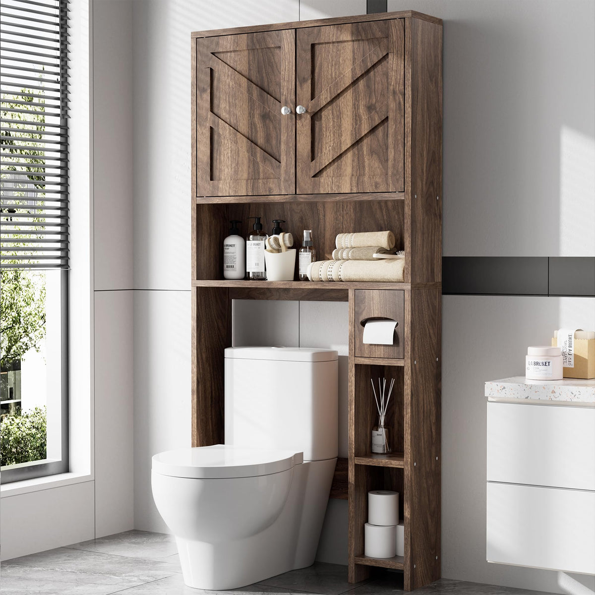 Walnut Over Toilet Storage Cabinet with Adjustable Shelf V355742