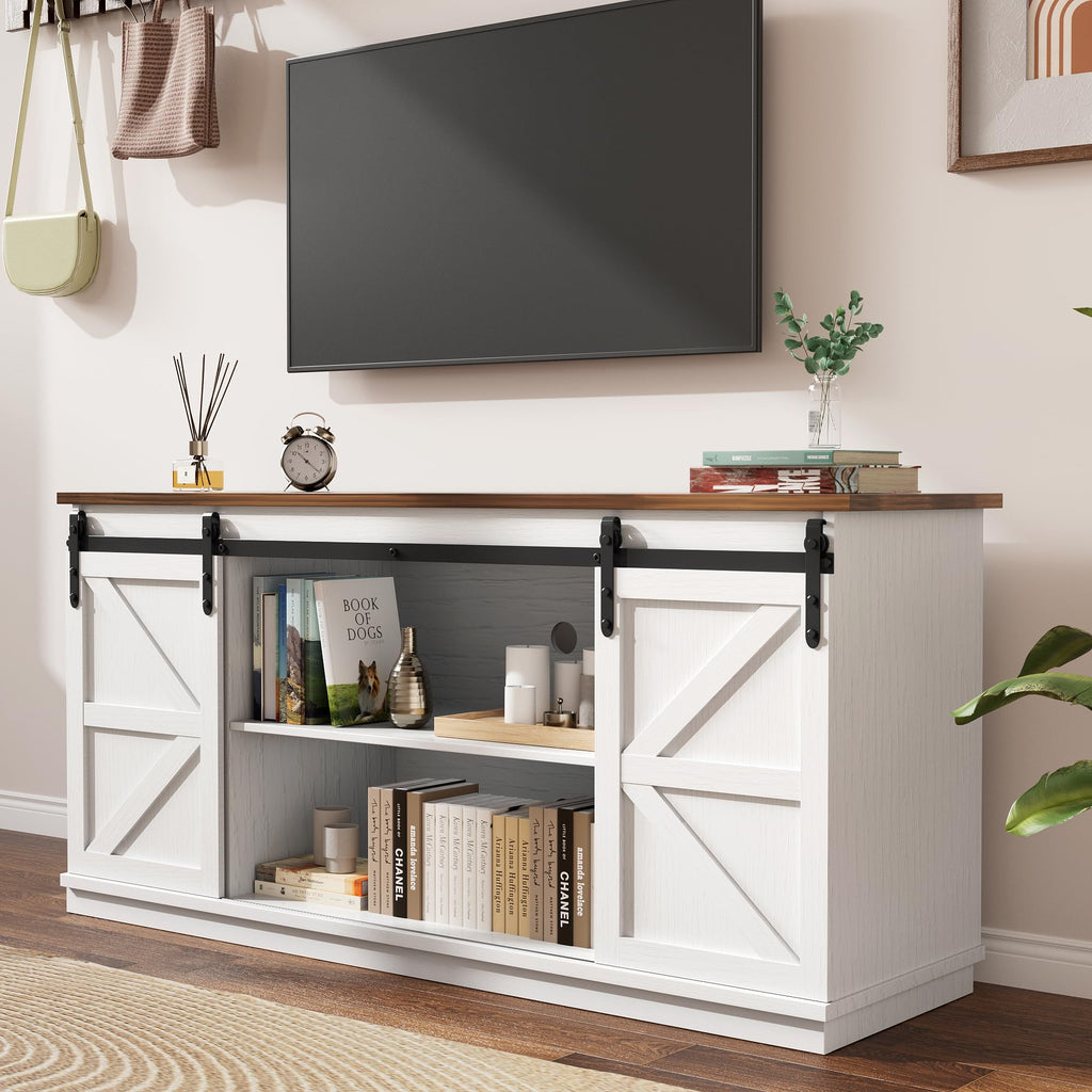 White Farmhouse TV Stand with Sliding Barn Doors N955382