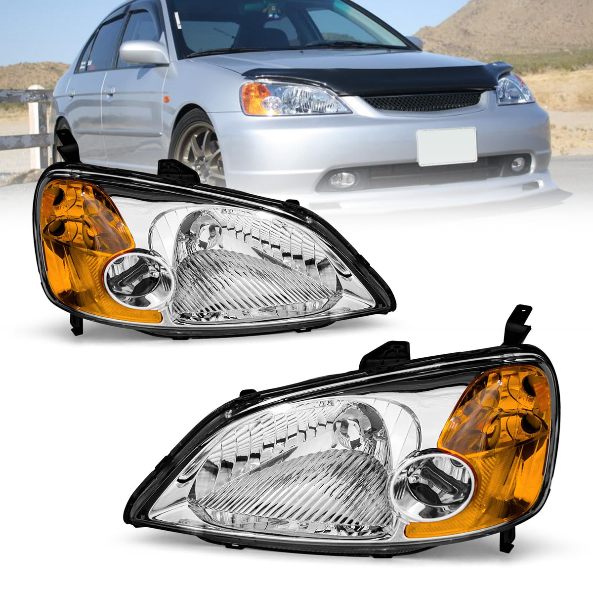 Headlight Assembly with Chrome Housing Amber Reflector Driver and Passenger Side J6580