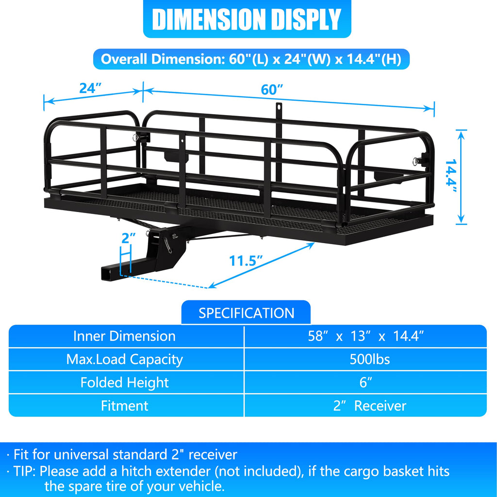 500 Lbs Heavy Duty Hitch Mount Cargo Carrier 60"x24"x14.4" Folding F4883