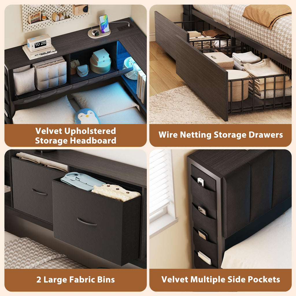 Twin Corner Bed Frame with Upholstered Storage Headboard and Drawers, LED Light and Charging Station, Black Q732