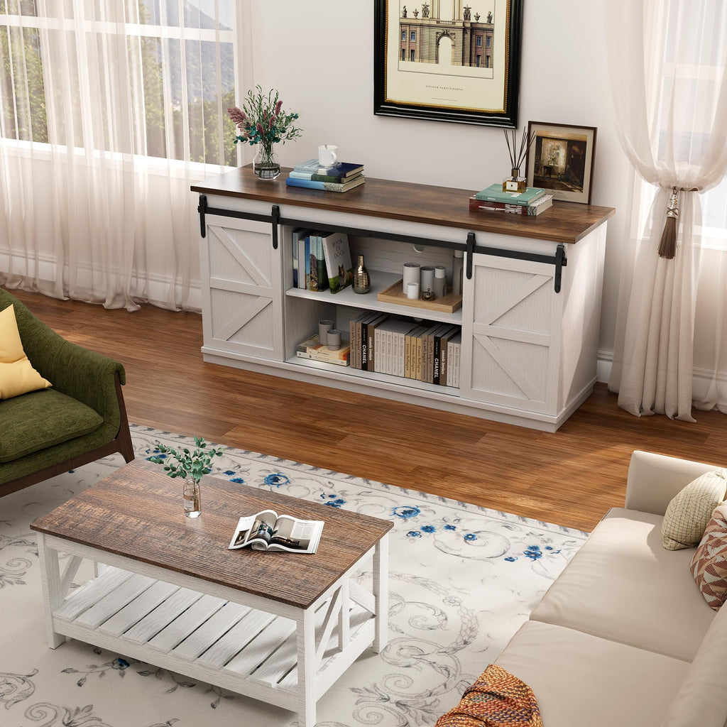 White Farmhouse TV Stand with Sliding Barn Doors N955382