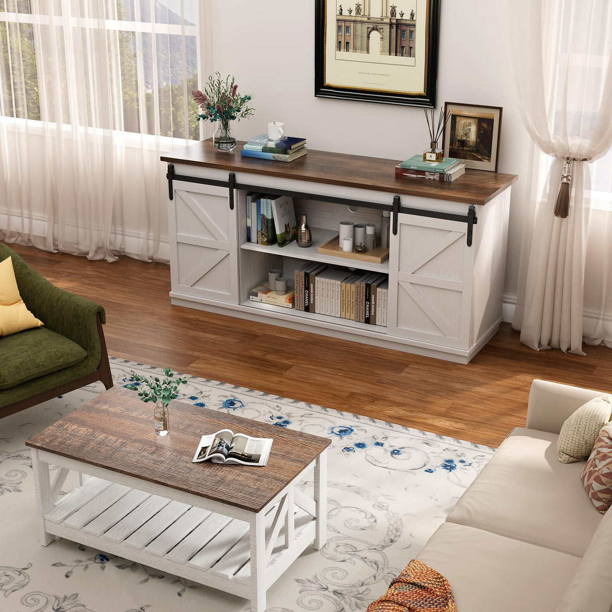 White Farmhouse TV Stand with Sliding Barn Doors N955382