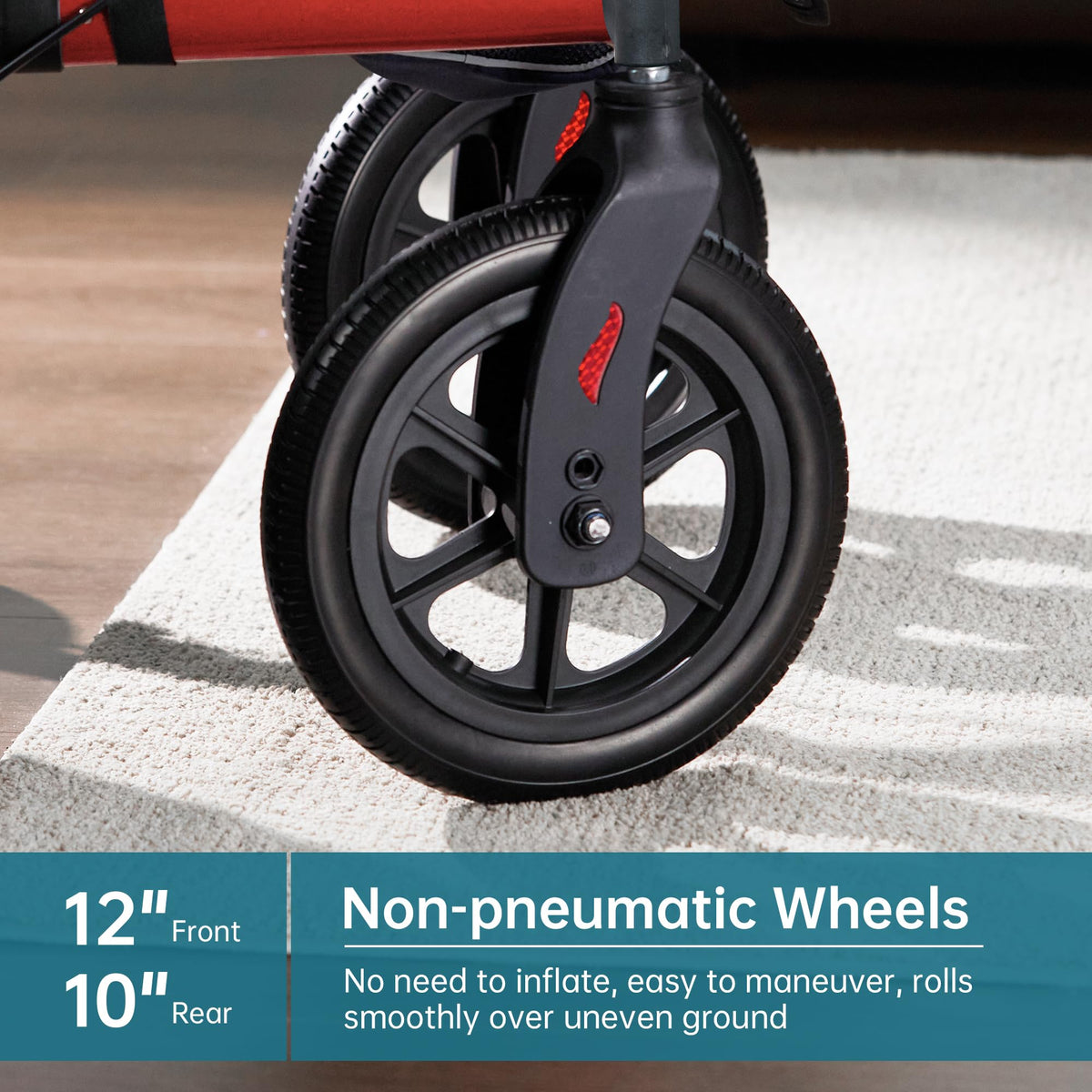 All-Terrain Rollator Walker with Seat, 12” Non-Pneumatic Tire Front Wheels, Compact Folding, Red U771
