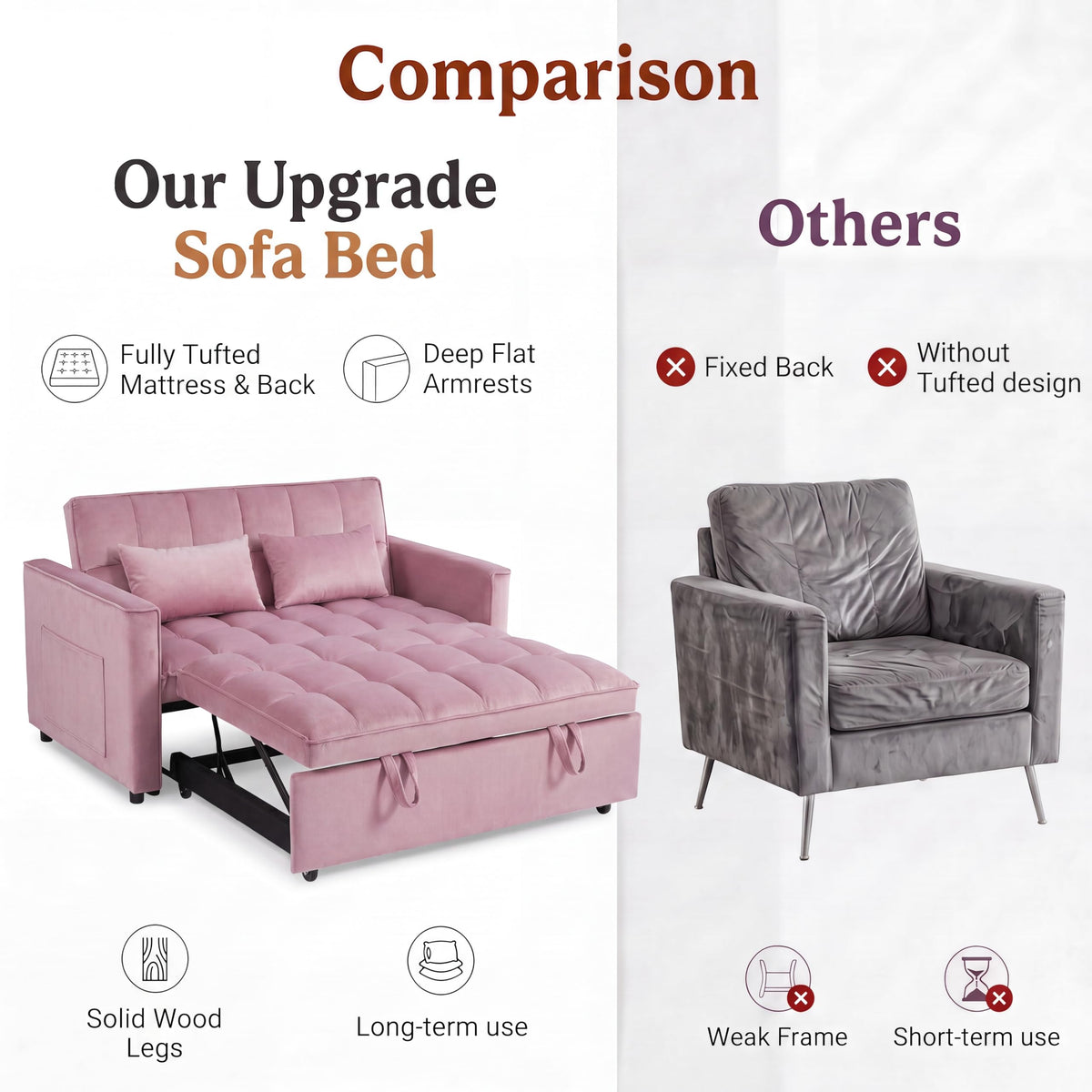 Pink Velvet Convertible Sleeper Sofa Bed G140