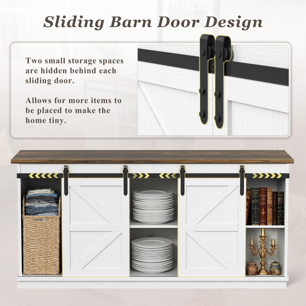 White Farmhouse TV Stand with Sliding Barn Doors N955382