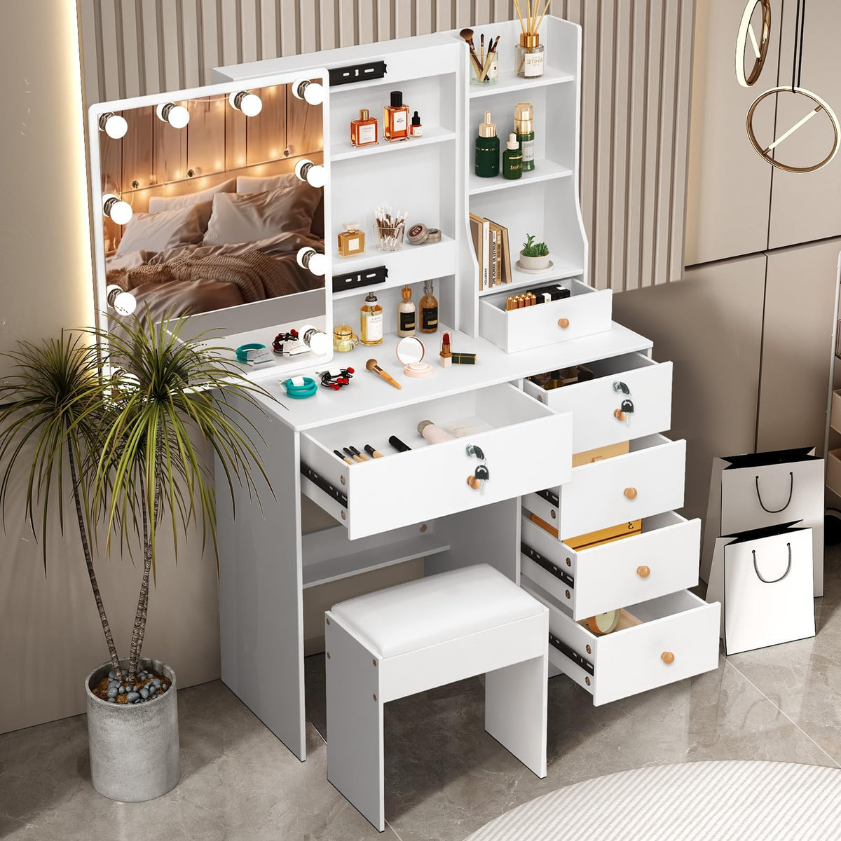White Vanity Mirror with Lights Desk and Chair 5 Drawers Makeup Table H14024