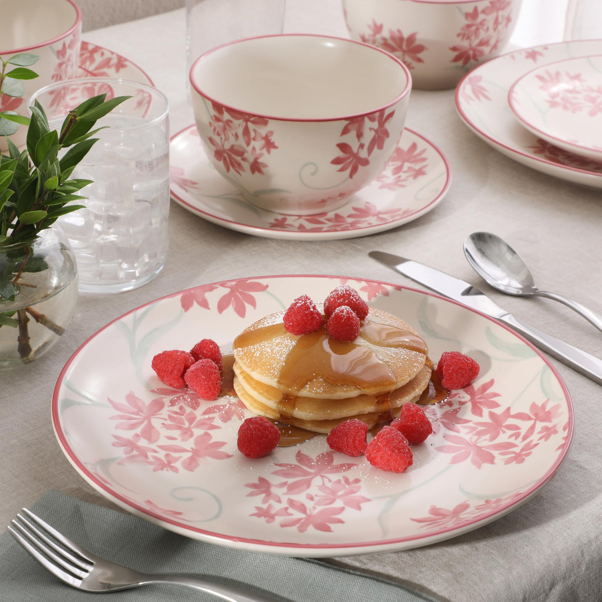 12-Piece Matte Stoneware Dinnerware Set with Pink Floral Pattern H631573