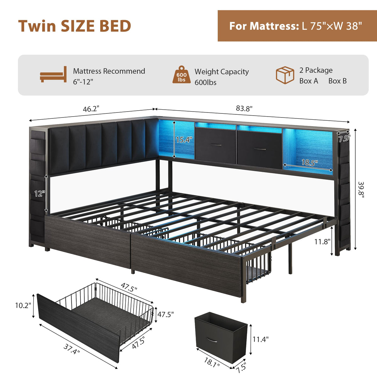 Twin Corner Bed Frame with Upholstered Storage Headboard and Drawers, LED Light and Charging Station, Black Q732