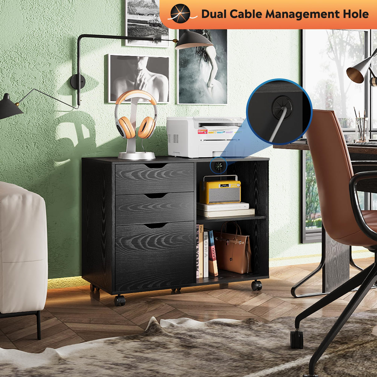 Black 3-Drawer Wood File Cabinet G854
