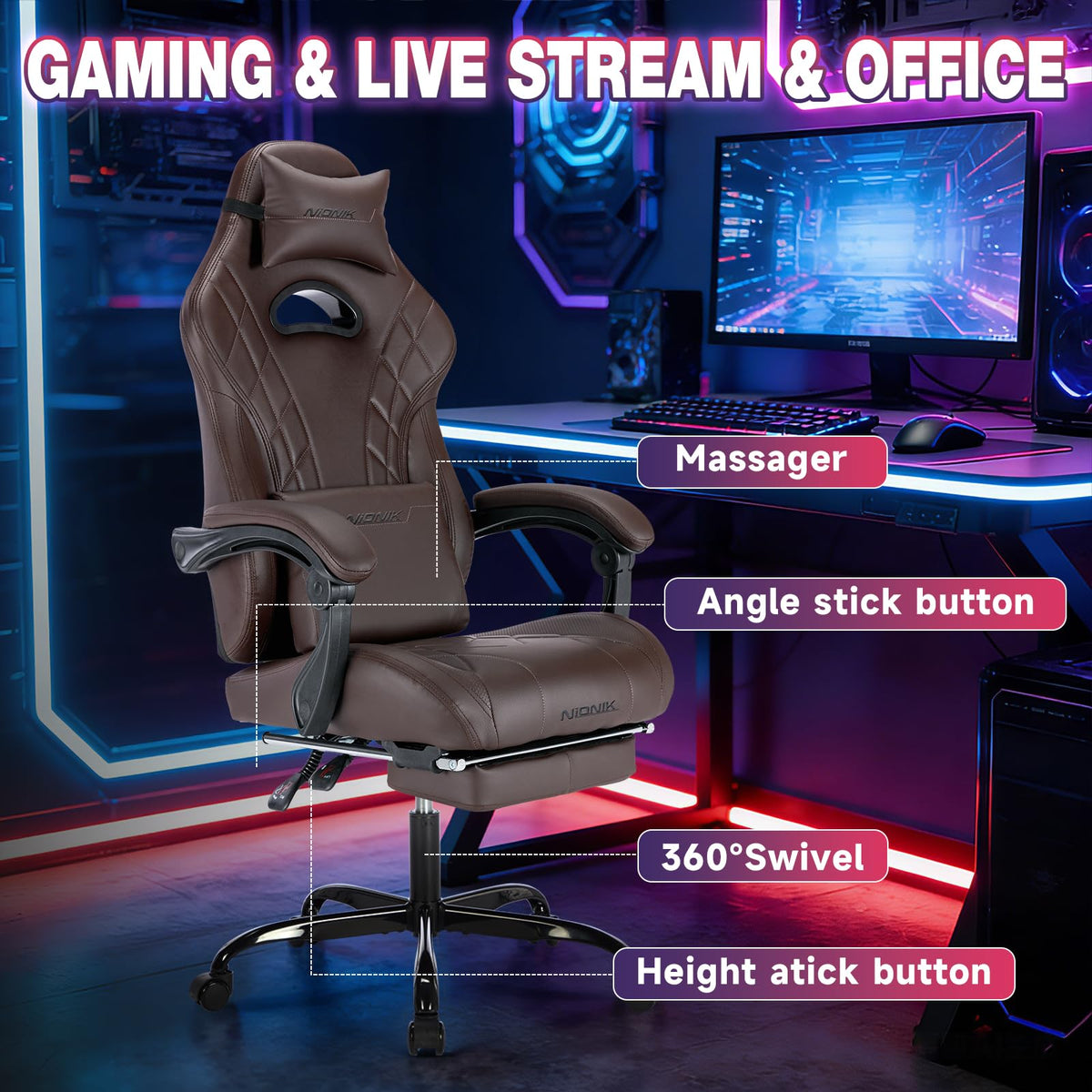 Gaming Chair with Footrest and Massage Lumbar Support Y99058