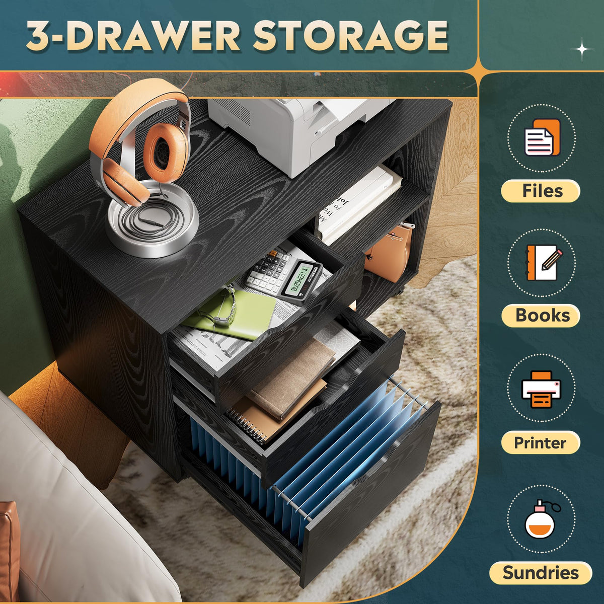 Black 3-Drawer Wood File Cabinet G854