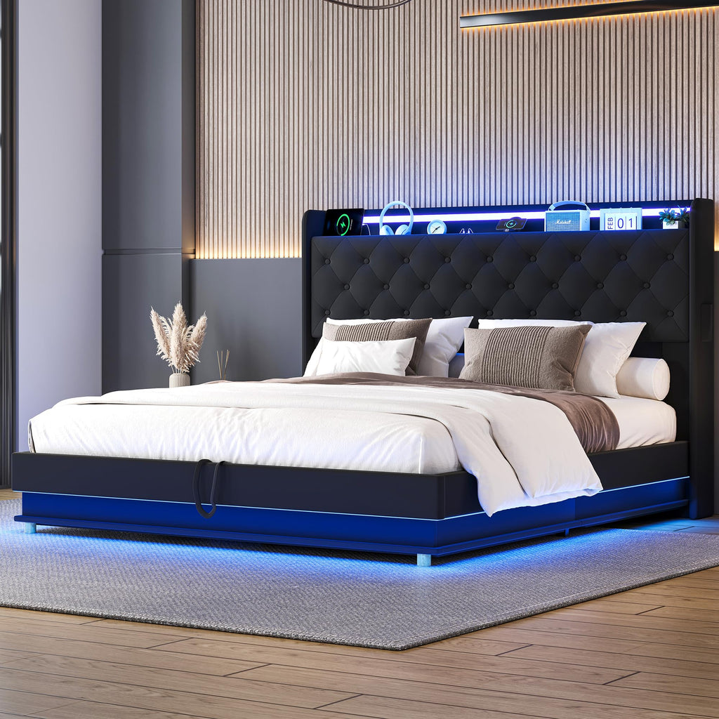Queen Size Black Upholstered Lift Up Storage Bed Frame P416