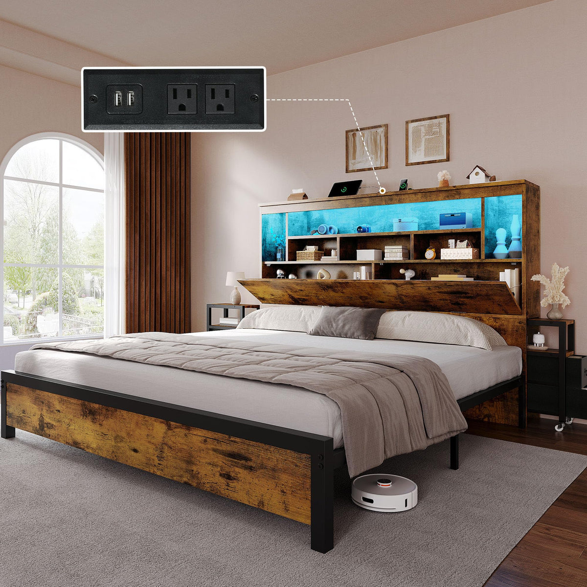 Queen Size Bed Frame with Storage Bookcase Headboard N11876