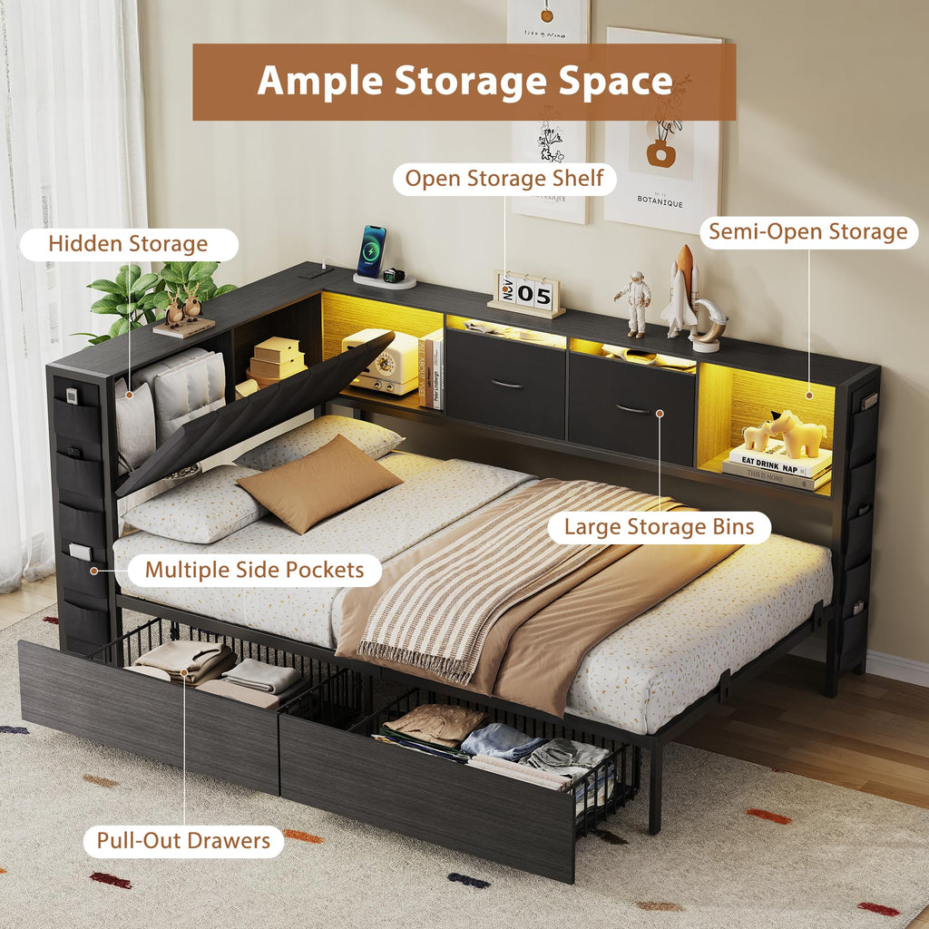 Twin Corner Bed Frame with Upholstered Storage Headboard and Drawers, LED Light and Charging Station, Black Q732