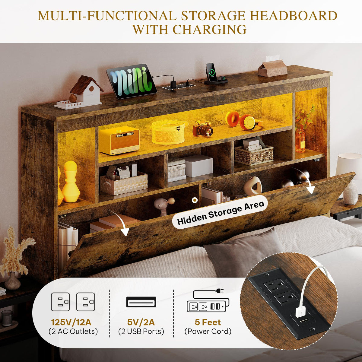 Queen Size Bed Frame with Storage Bookcase Headboard N11876